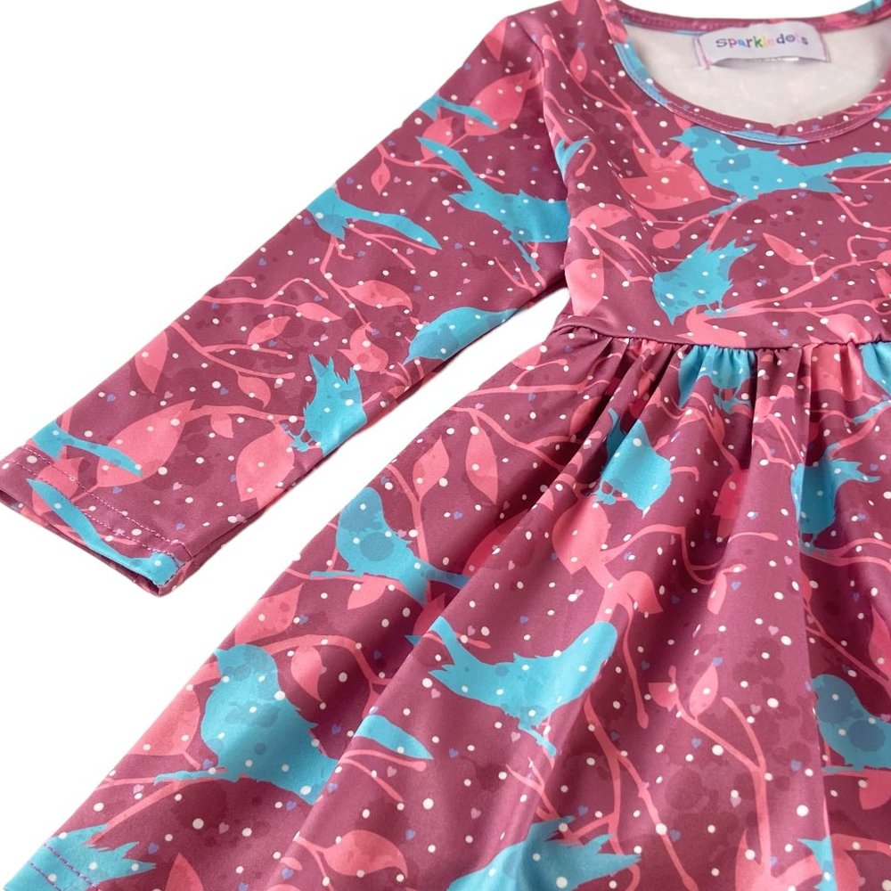 Burgundy Birds in the Snow Twirly Dress